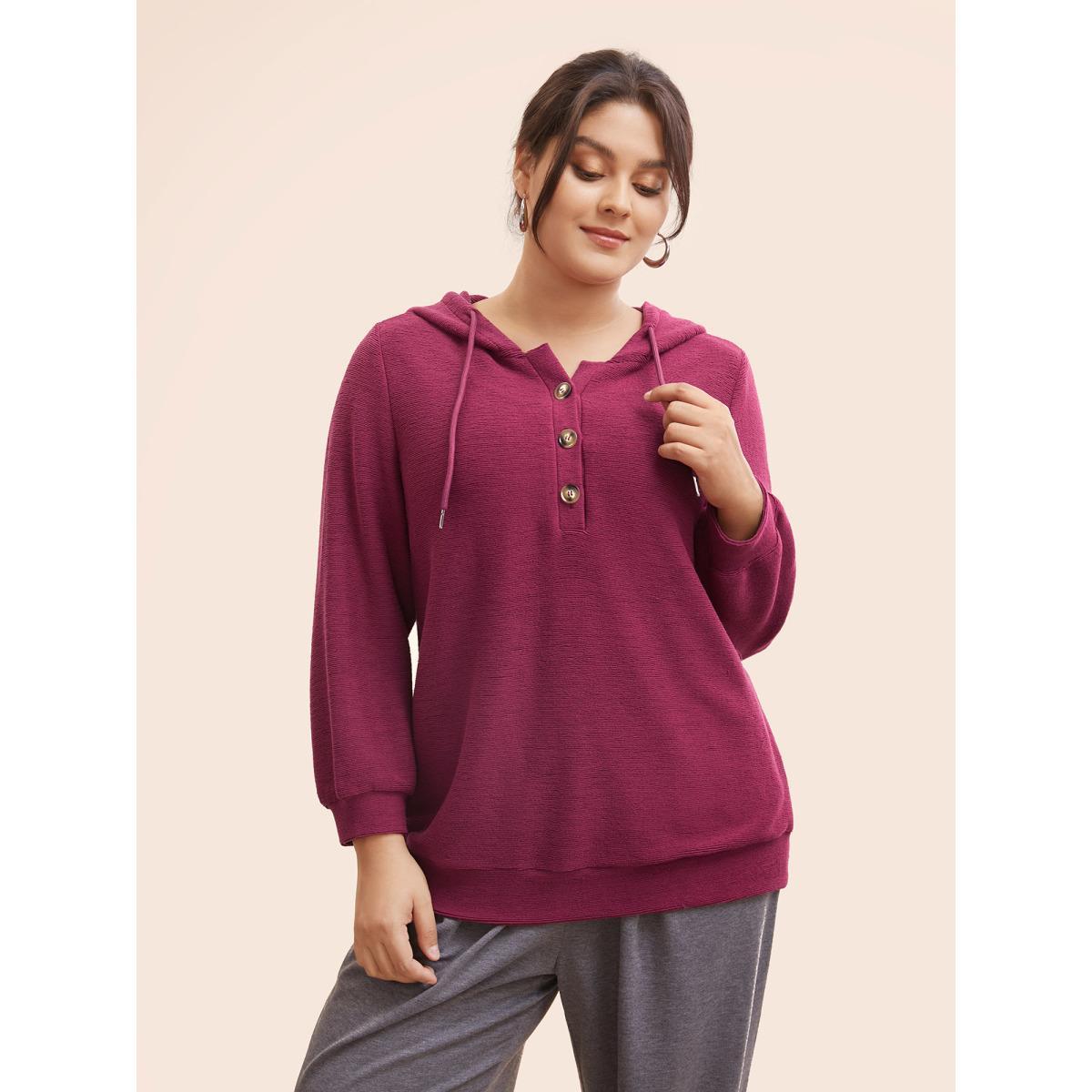 Plus Size Solid Button Up Hooded Drawstring Sweatshirt Women RedViolet Casual Texture Hooded Everyday Sweatshirts BloomChic 30/6X Product Image