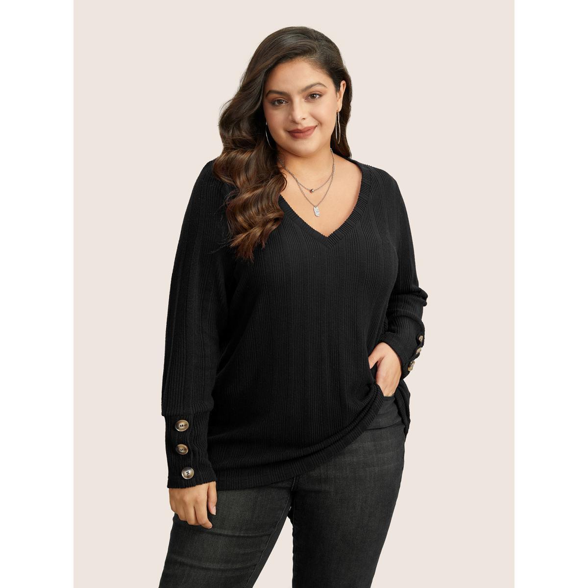 Plus Size Rib Knit V Neck Button Detail T-shirt Black Women Casual Non Plain V-neck Everyday T-shirts BloomChic 22-24/3X Product Image