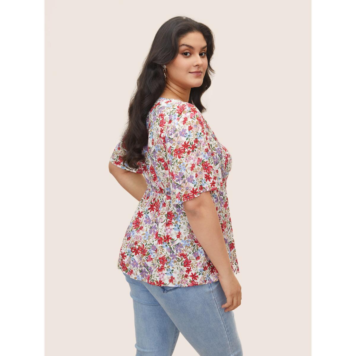 Plus Size White Rayon Floral Print Shirred Ruffle Sleeve Blouse Women Elegant Short sleeve U-neck Everyday Blouses BloomChic 28/5X Product Image