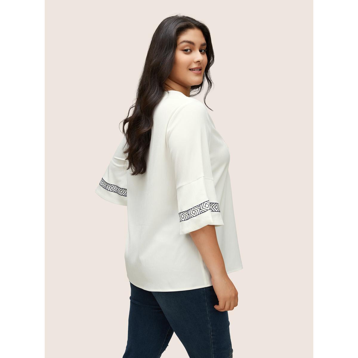 Plus Size Ivory Boho Print Embroidered Gathered Notched Blouse Women Resort Half Sleeve Flat collar with V-notch Vacation Blouses BloomChic 28/5X Product Image