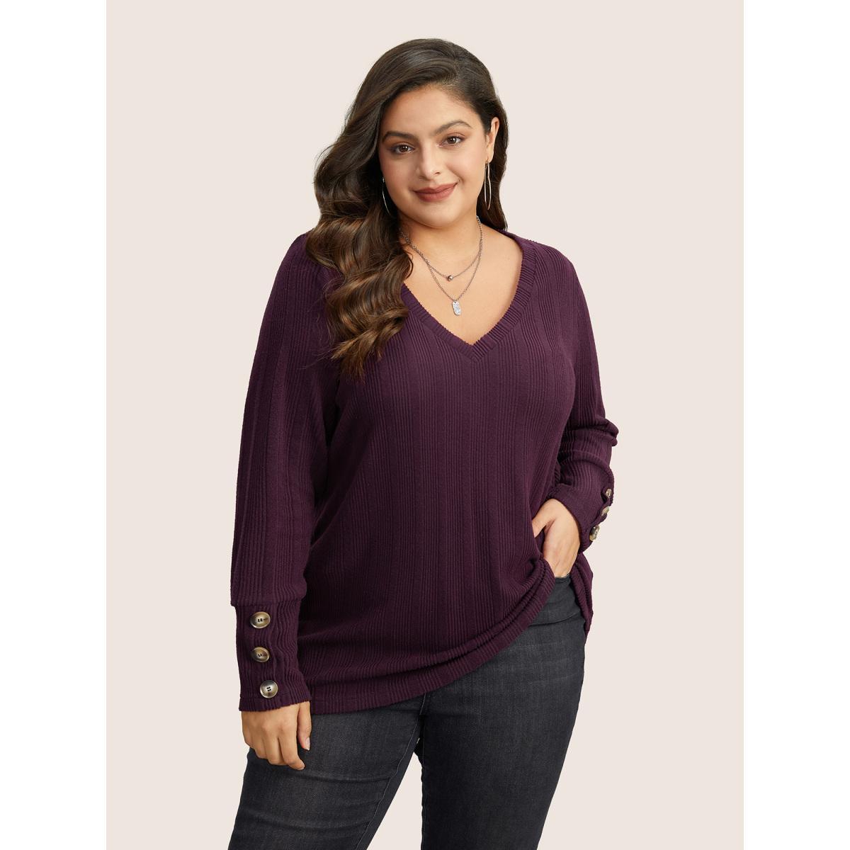 Plus Size Rib Knit V Neck Button Detail T-shirt Eggplant Women Casual Non Plain V-neck Everyday T-shirts BloomChic 28/5X Product Image