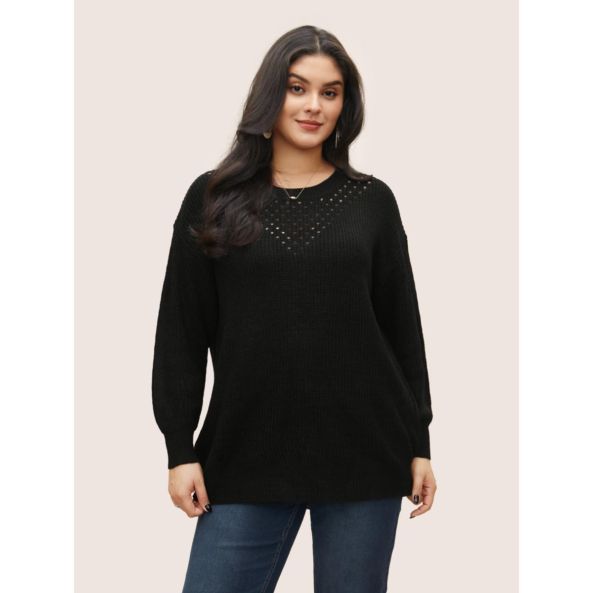 Plus Size Plain Round Neck Hollow Out Drop Shoulder Pullover Black Women Casual Loose Long Sleeve Round Neck Dailywear Pullovers BloomChic 12/L Product Image