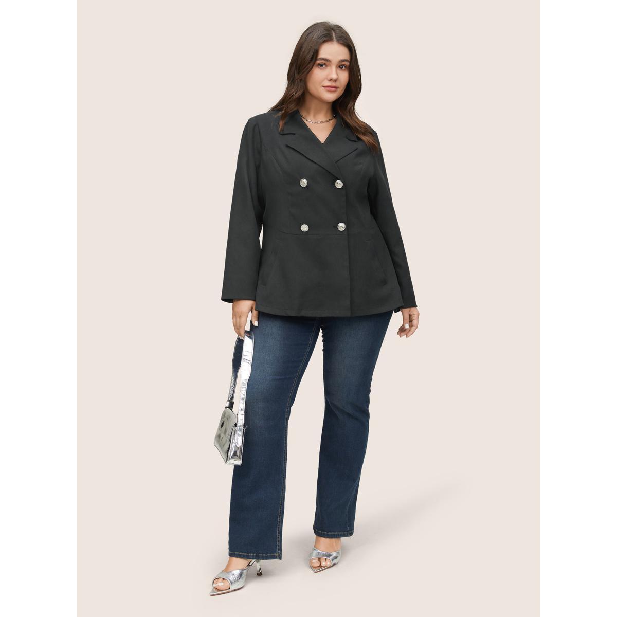 Plus Size Suit Collar Double Breasted Metal Detail Blazer Midnight Women Work Plain Non Sleeve Long Sleeve Suit Collar 12/L Slanted pocket At the Office Blazers BloomChic Product Image