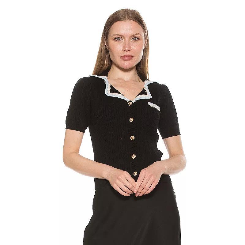 Women's ALEXIA ADMOR Kith Knit Short Sleeve Button Down Collared Top, Size: Medium, Ivory Product Image