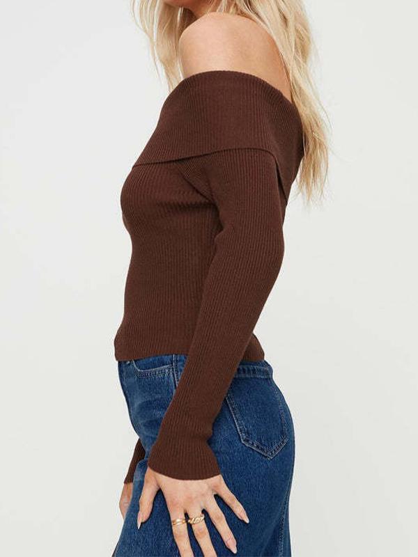 Solid Off Shoulder Lapel Neck Sweater Product Image
