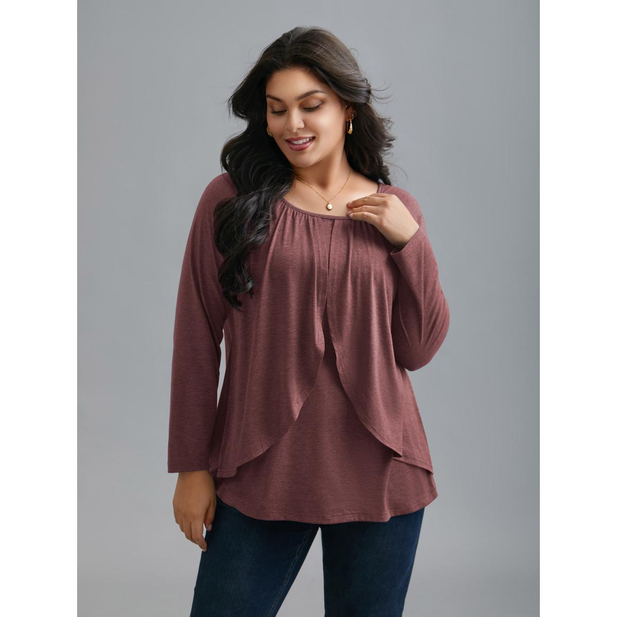 Plus Size 2-In-1 Gathered Ruffle Trim T-Shirt Deepred Women Elegant Gathered Round Neck Everyday T-shirts BloomChic 10/M Product Image