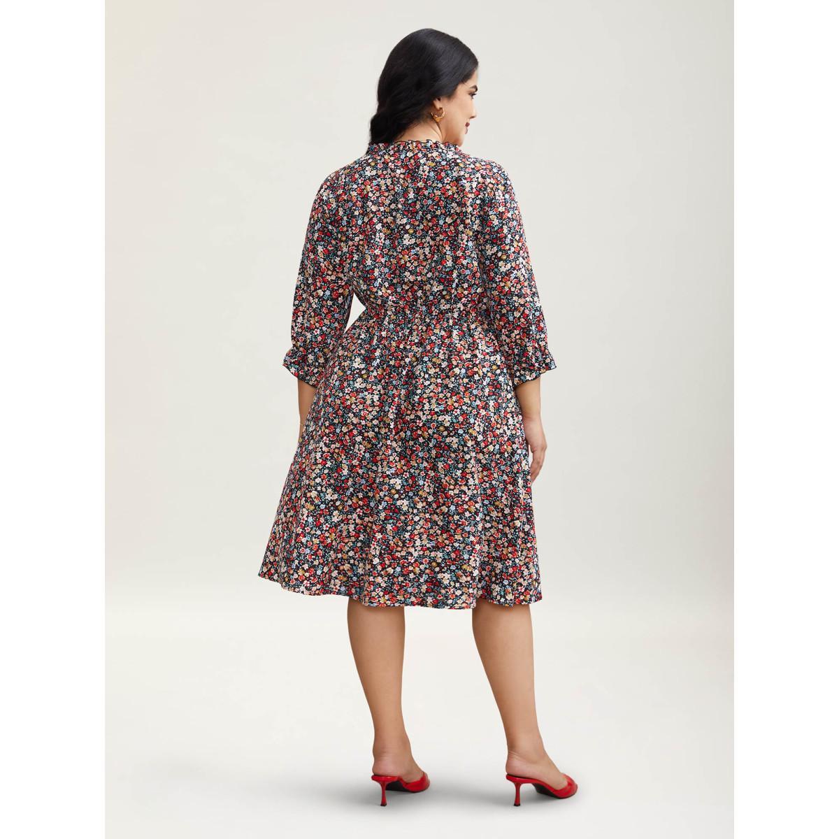 Plus Size Floral Print Drawstring Pockets Flared Midi Dress Black Women Elegant Drawstring Notched collar Elbow-length sleeve Curvy BloomChic 30/6X Product Image