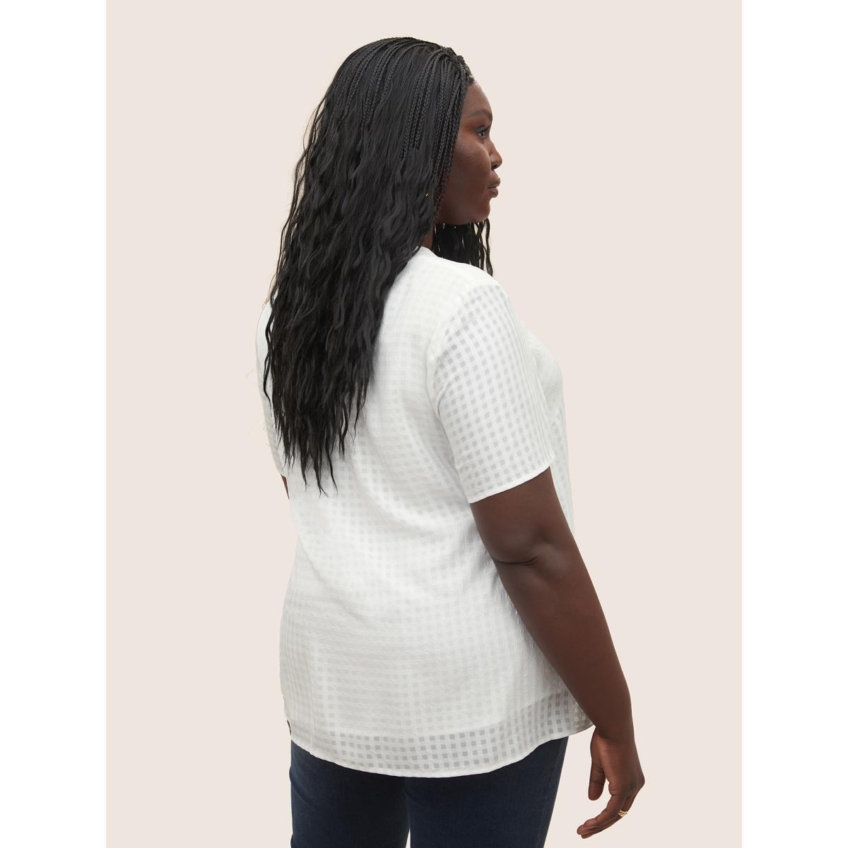 Plus Size Ivory Solid Textured Chiffon Mesh Tie Neck Blouse Women At the Office Short sleeve Ribbon-tied collar Work Blouses BloomChic 28/5X Product Image