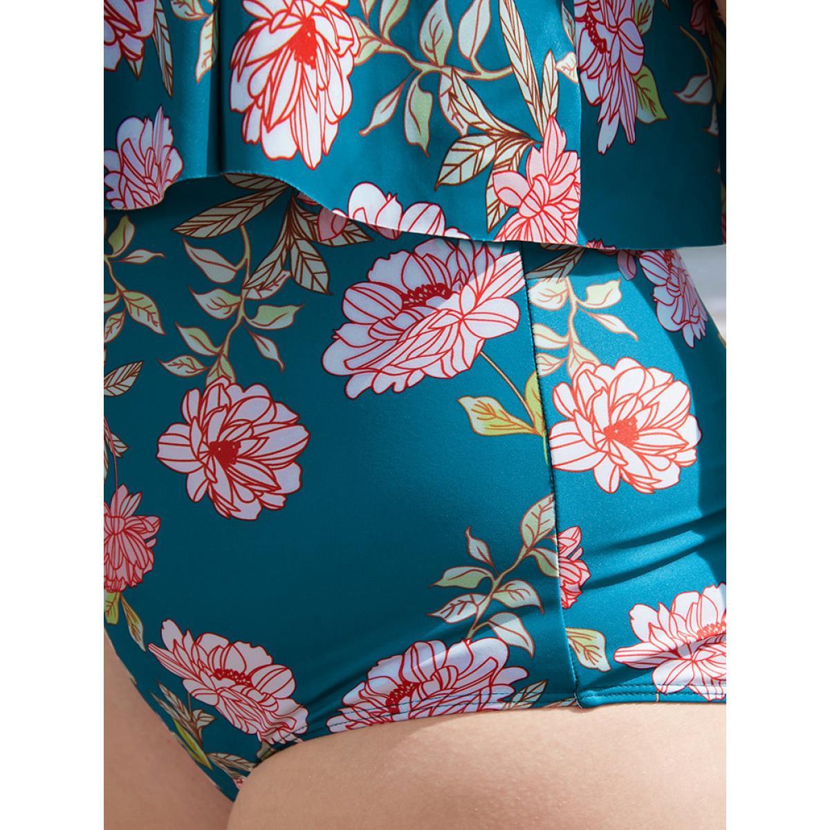 Plus Size Floral Sculpt Waist Ruffles Trim One Piece Swimsuit Women's Swimwear Emerald Vacation Adjustable Straps Curve Bathing Suits High stretch One Pieces BloomChic 14-16/1X Product Image