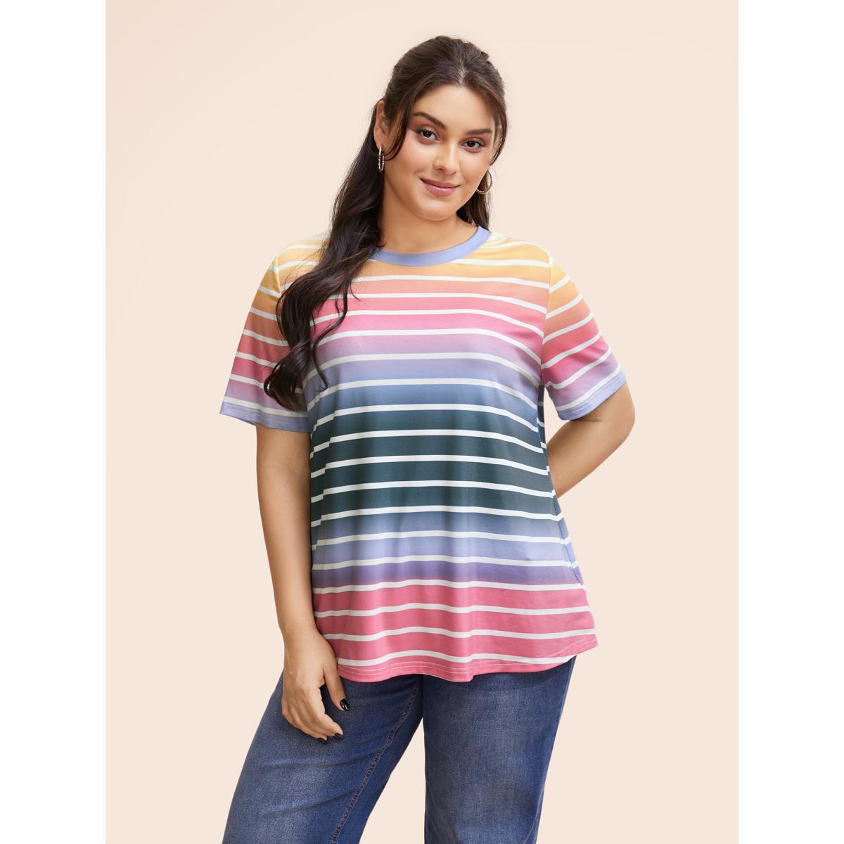 Plus Size Round Neck Contrast Striped T-shirt Multicolor Women Casual Contrast Round Neck Everyday T-shirts BloomChic 18-20/2X Product Image