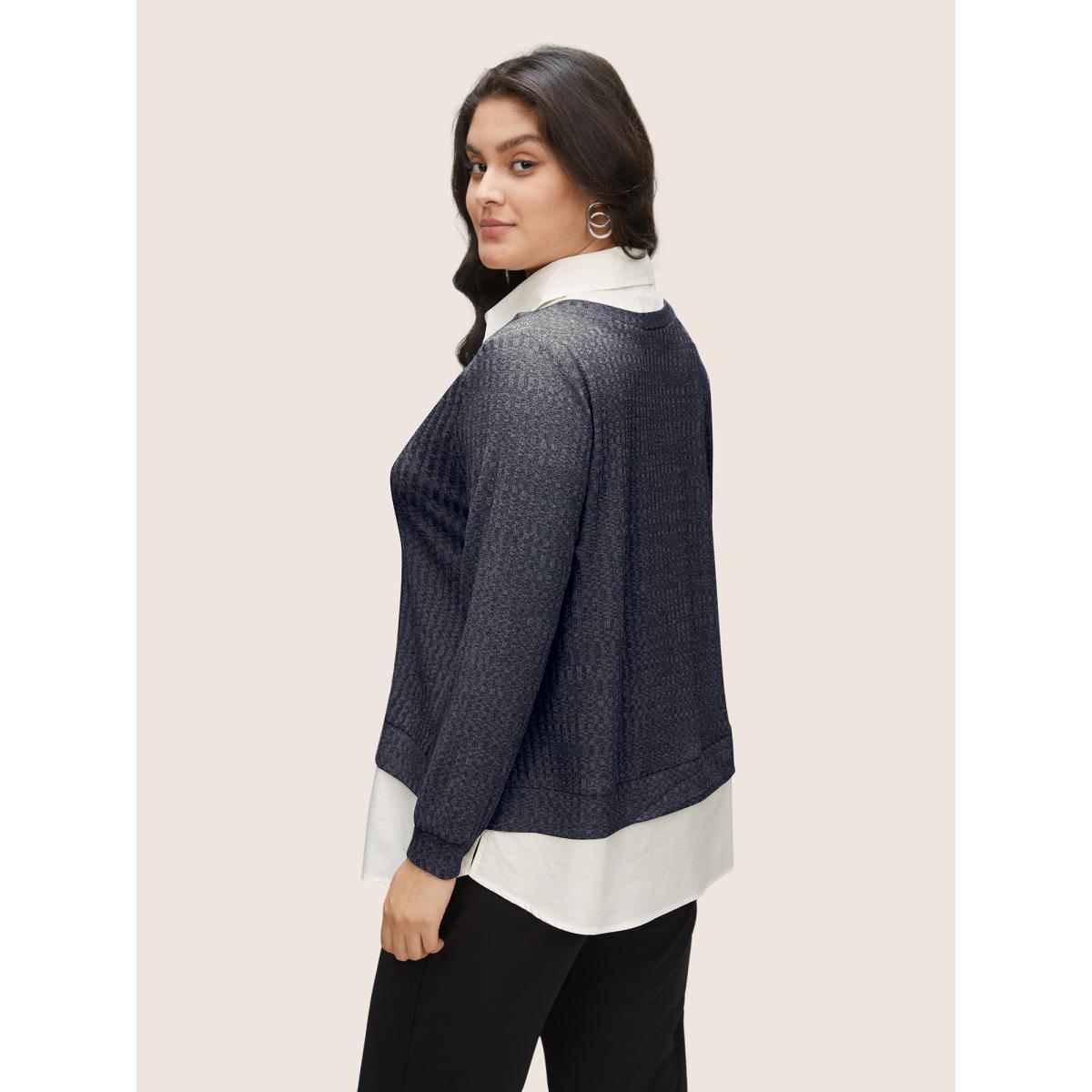 Plus Size 2-In-1 Patchwork Shirt Collar Sweatshirt Women Indigo At the Office Contrast Shirt collar Work Sweatshirts BloomChic 26/4X Product Image