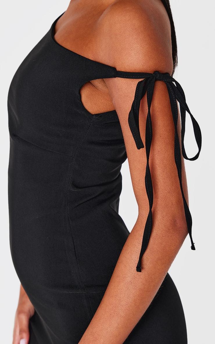 Black Stretch Woven Asymmetric Tie Shoulder Mini Dress Product Image