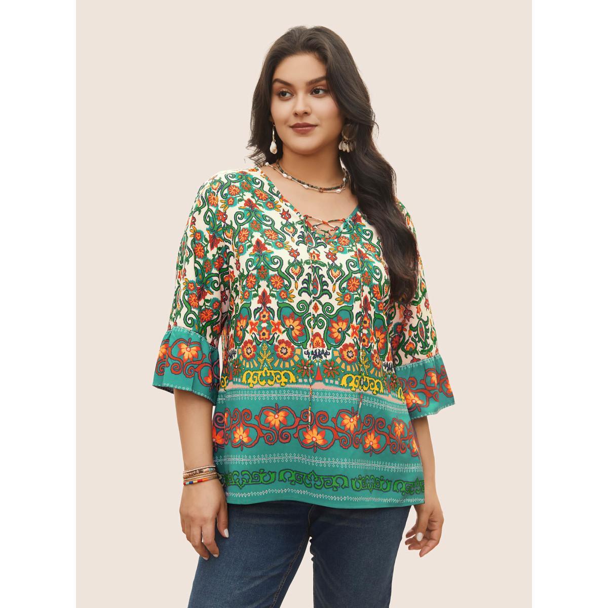 Plus Size Teal Boho Print Lace Up Bell Sleeve Blouse Women Resort Half Sleeve V-neck Vacation Blouses BloomChic 10/M Product Image