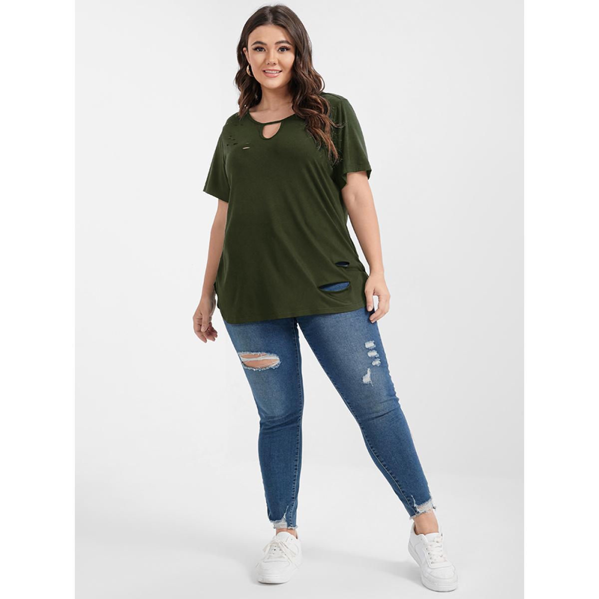 Plus Size Plain Arc Hem Ripped Keyhole Round Neck T-shirt ArmyGreen Women Casual Arc Hem Plain Keyhole Cut-Out Dailywear T-shirts BloomChic 14-16/1X Product Image