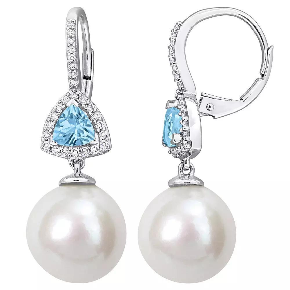 Stella Grace 14k White Gold Freshwater Cultured Pearl, Sky Blue Topaz & 1/4 Carat T.W. Diamond Drop Leverback Earrings, Womens Product Image