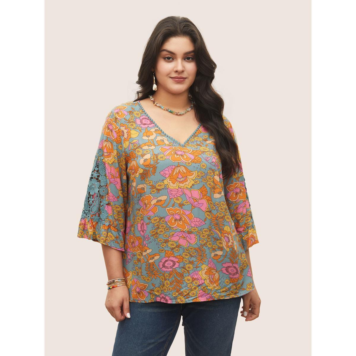 Plus Size Stone Boho Print Guipure Lace Ruffles Blouse Women Resort Elbow-length sleeve V-neck Vacation Blouses BloomChic 28/5X Product Image