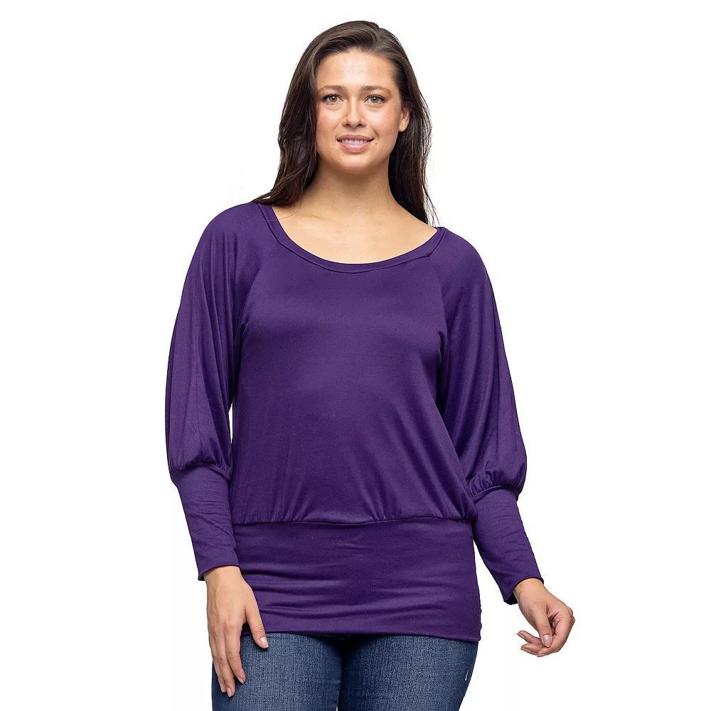 Women's 24Seven Comfort Apparel Round Neck Long Blouson Sleeve Banded Bottom Top, Size: Large, Purple Product Image