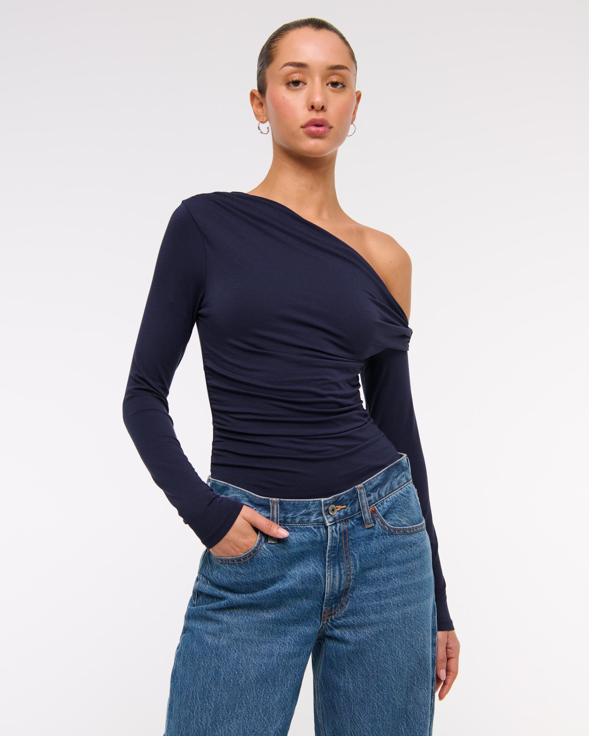Long-Sleeve Velvet Asymmetrical Draped Top Product Image