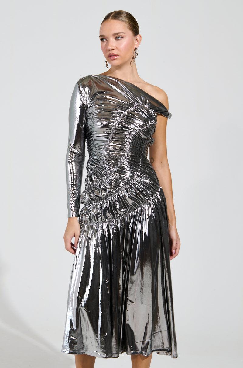 TURN BACK TIME SILVER METALLIC MIDI DRESS Product Image