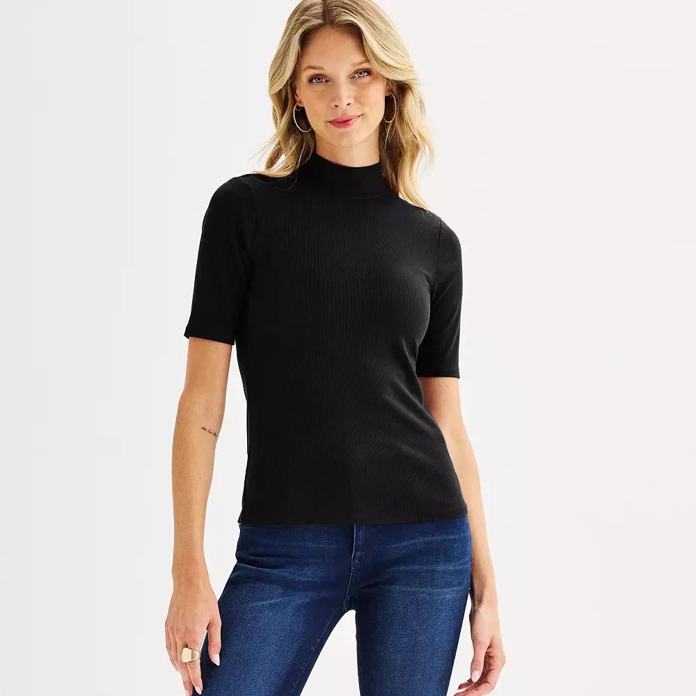Women's Nine West Fitted Elbow Sleeve Mockneck T-Shirt, Size: Large, Mineral Black Product Image