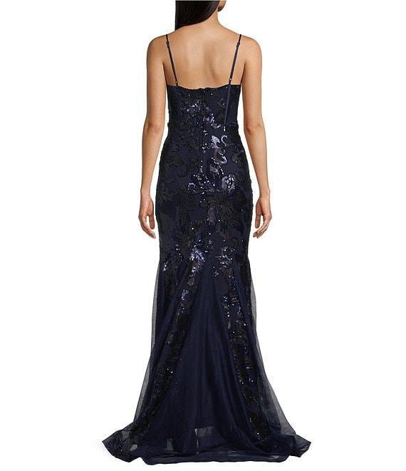B. Darlin Sequin Pattern Sweetheart Neck Spaghetti Strap Mesh Godet Dress Product Image