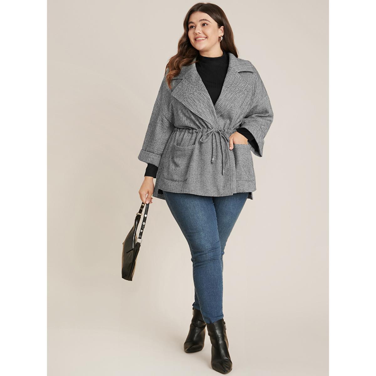 Plus Size Chevron Pattern Pocket Split Hem Drawstring Coat Women Black At the Office Drawstring Ladies Work Winter Coats BloomChic 22-24/3X Product Image