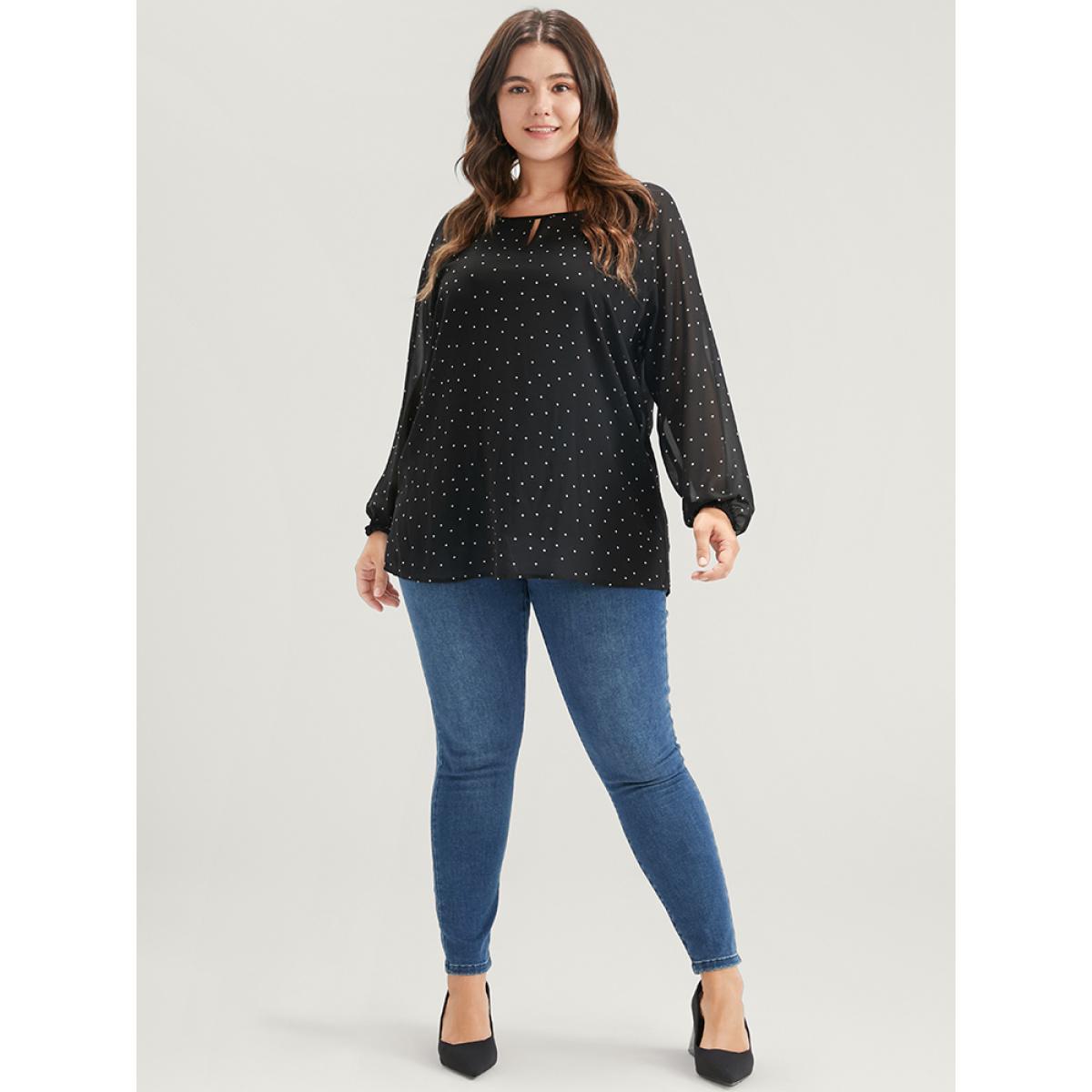 Plus Size Black Polka Dot Mesh Lantern Sleeve Keyhole Round Neck Blouse Women Elegant Long Sleeve Round Neck Dailywear Blouses BloomChic 26/4X Product Image