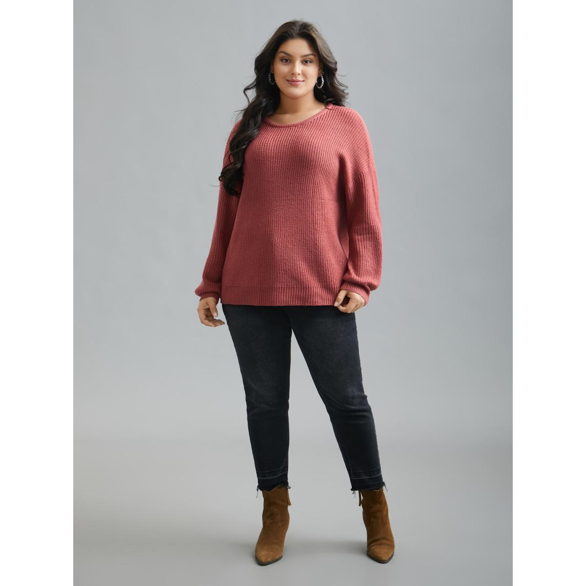 Plus Size Open Wrap Back Textured Tied Pullover Rust Women Casual Loose Long Sleeve Round Neck Everyday Pullovers BloomChic 18-20/2X Product Image