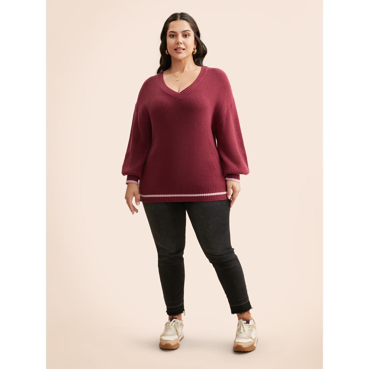Plus Size Supersoft Essentials V Neck Contrast Trim Pullover Burgundy Women Casual Long Sleeve V-neck Everyday Pullovers BloomChic 22-24/3X Product Image