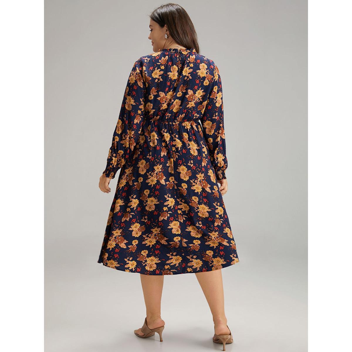 Plus Size Supersoft Essentials Floral Print Mock Neck Dress DarkBlue Women Elegant Printed Mock Neck Long Sleeve Curvy Midi Dress BloomChic 12/L Product Image