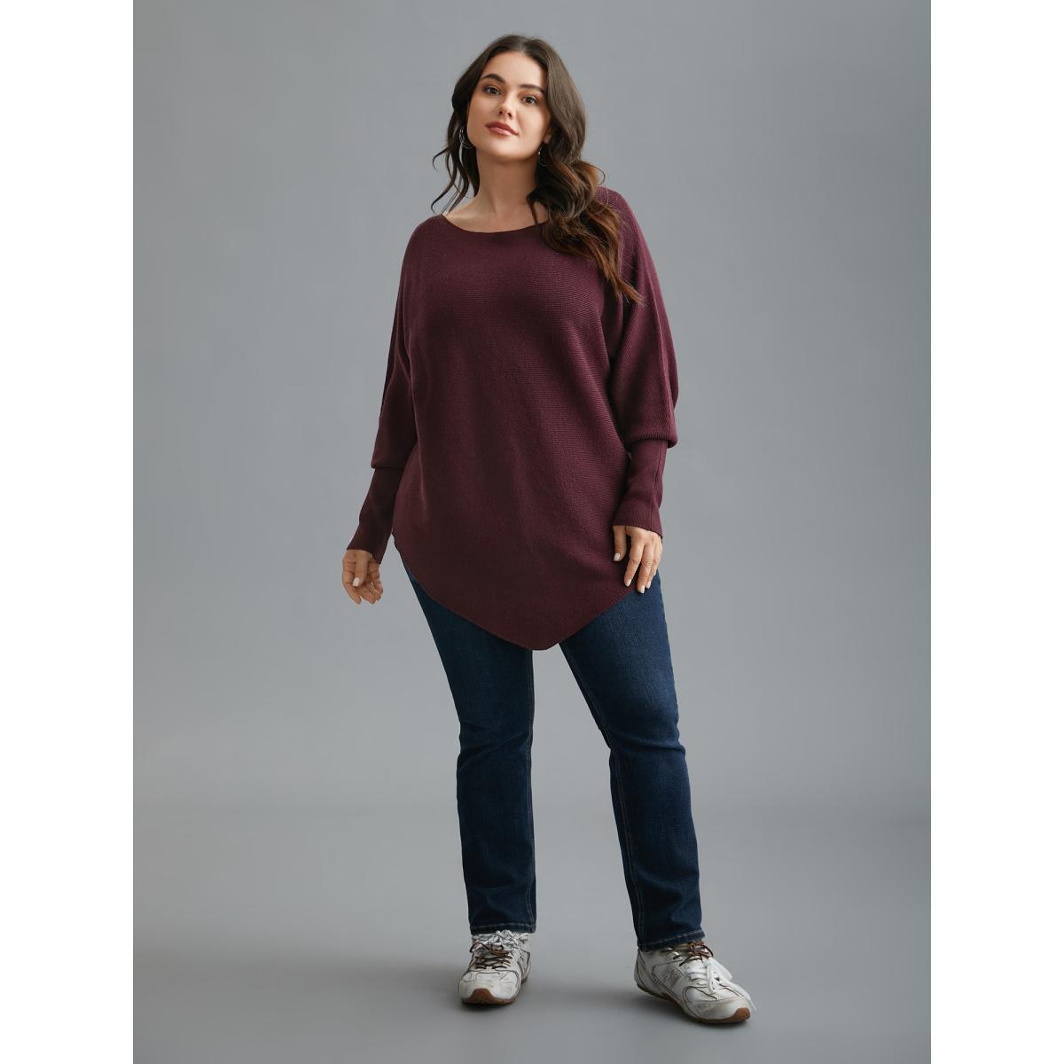 Plus Size Supersoft Essentials Solid Dolman Sleeve Pullover Deepred Women Casual Loose Long Sleeve Boat Neck Everyday Pullovers BloomChic 10/M Product Image
