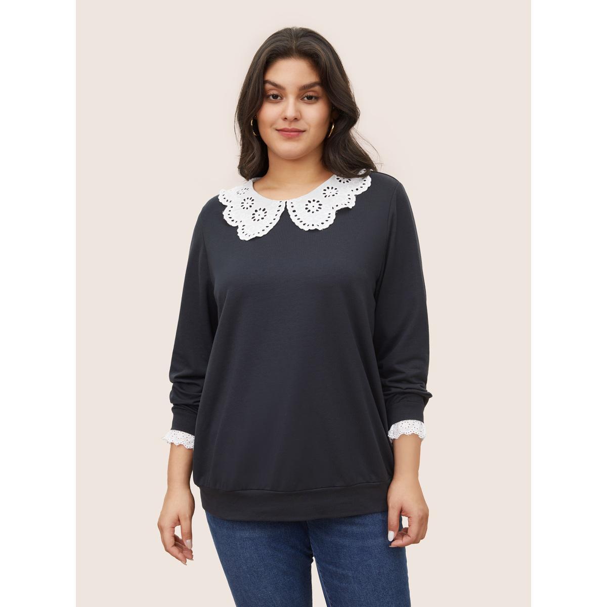 Plus Size Contrast Peter Pan Collar Broderie Anglaise Sweatshirt Women Midnight Casual Contrast Peter Pan Collar Everyday Sweatshirts BloomChic 18-20/2X Product Image