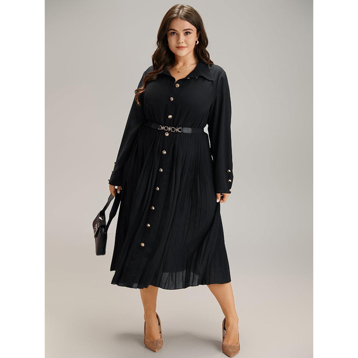Plus Size Solid Shirt Collar Pleated Metal Detail Dress Black Women Office Plain Shirt collar Long Sleeve Curvy Midi Dress BloomChic 12/L Product Image