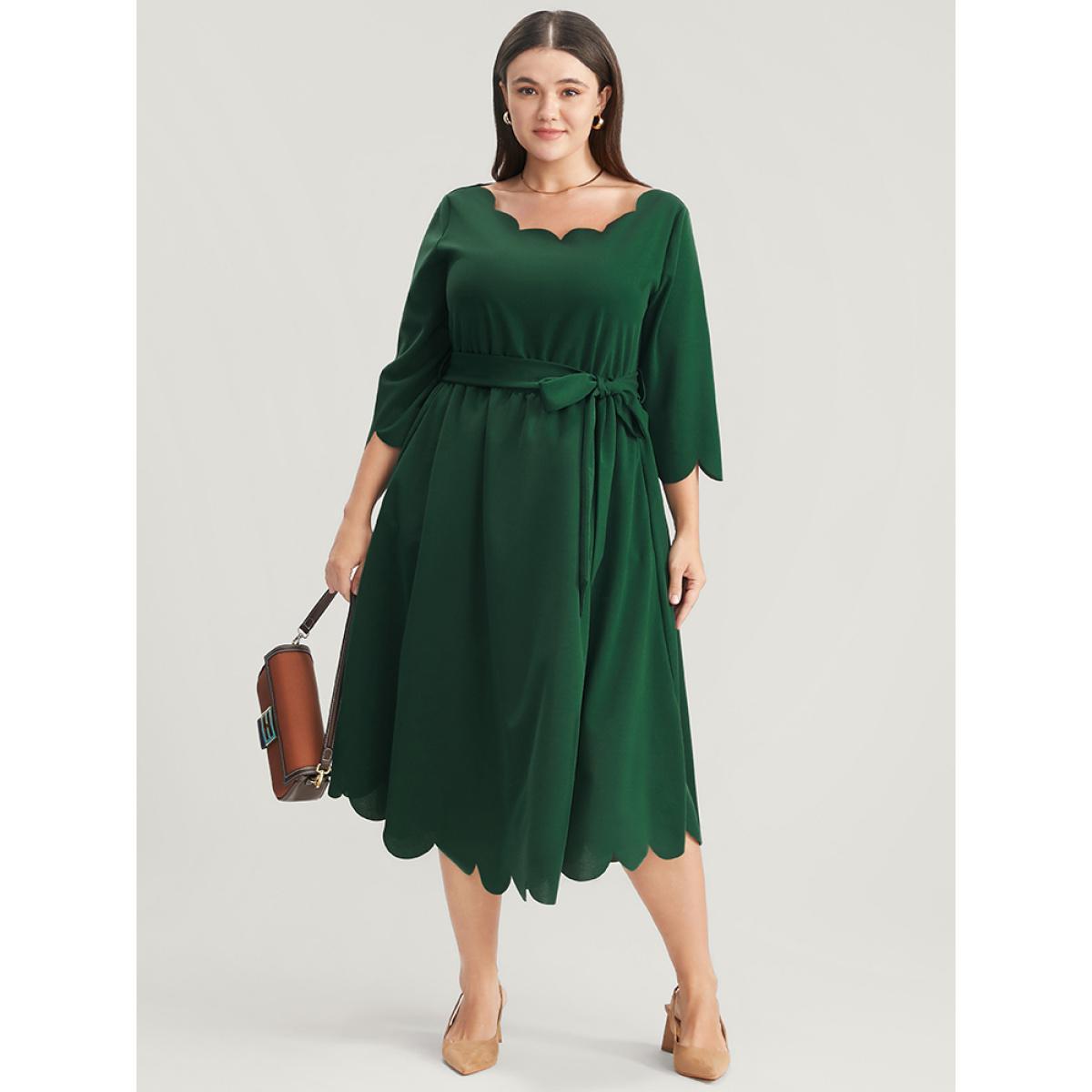 Plus Size Solid Pocket Scalloped Trim Belted Midi Dress Green Women Elegant Pocket Round Neck Elbow-length sleeve Curvy Midi Dress BloomChic 26/4X Product Image