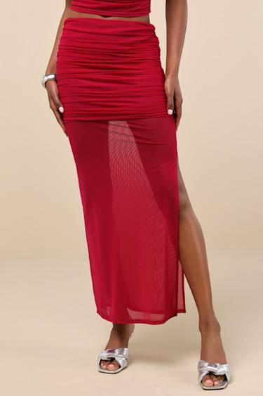 Cadie Red Sheer Mesh Ruched Maxi Skirt Product Image