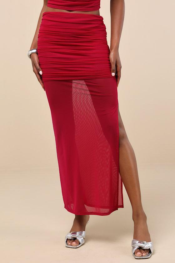 Cadie Red Sheer Mesh Ruched Maxi Skirt Product Image
