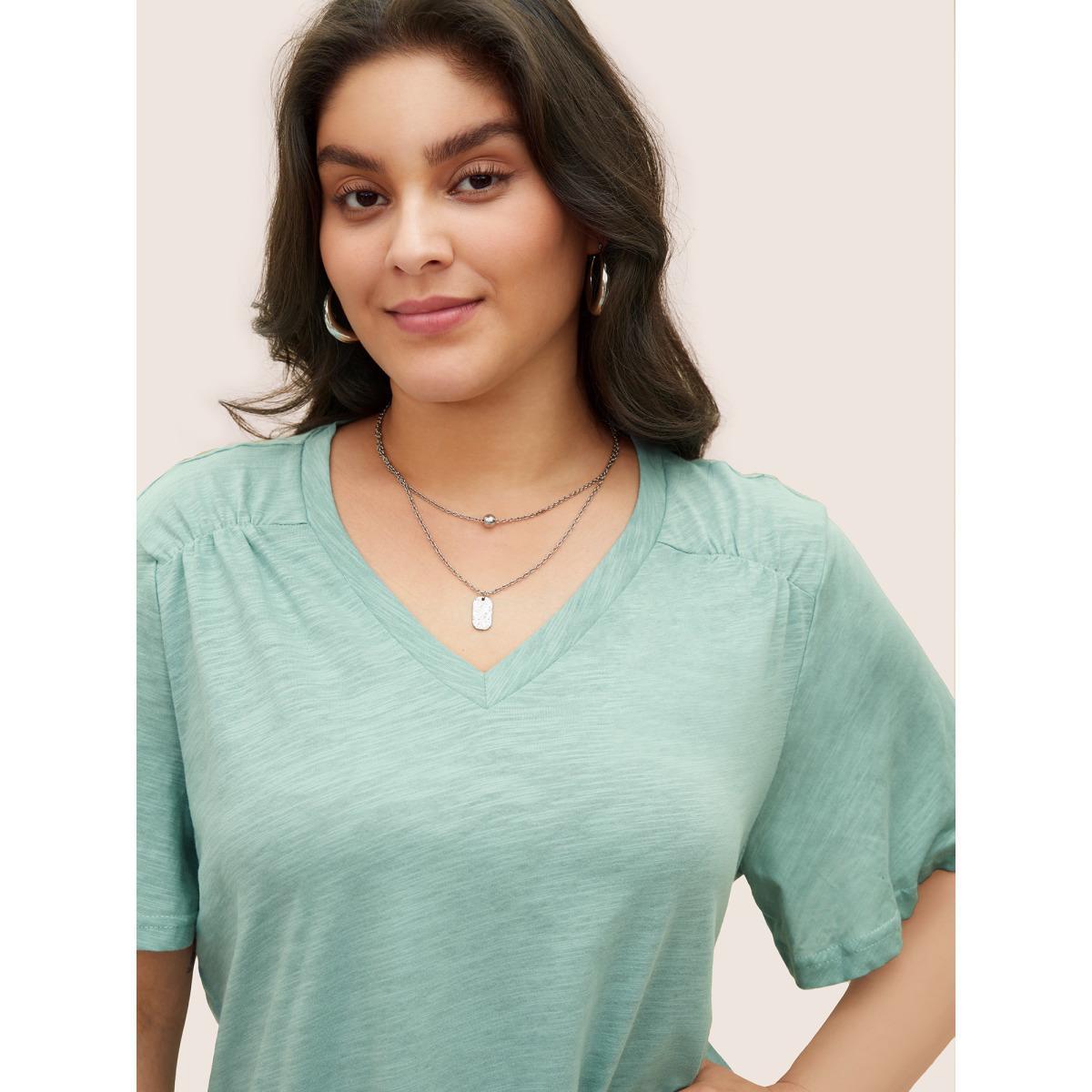 Plus Size Plain Ruffle Sleeve Heather V Neck T-shirt Mint Women Casual Plain V-neck Everyday T-shirts BloomChic 22-24/3X Product Image