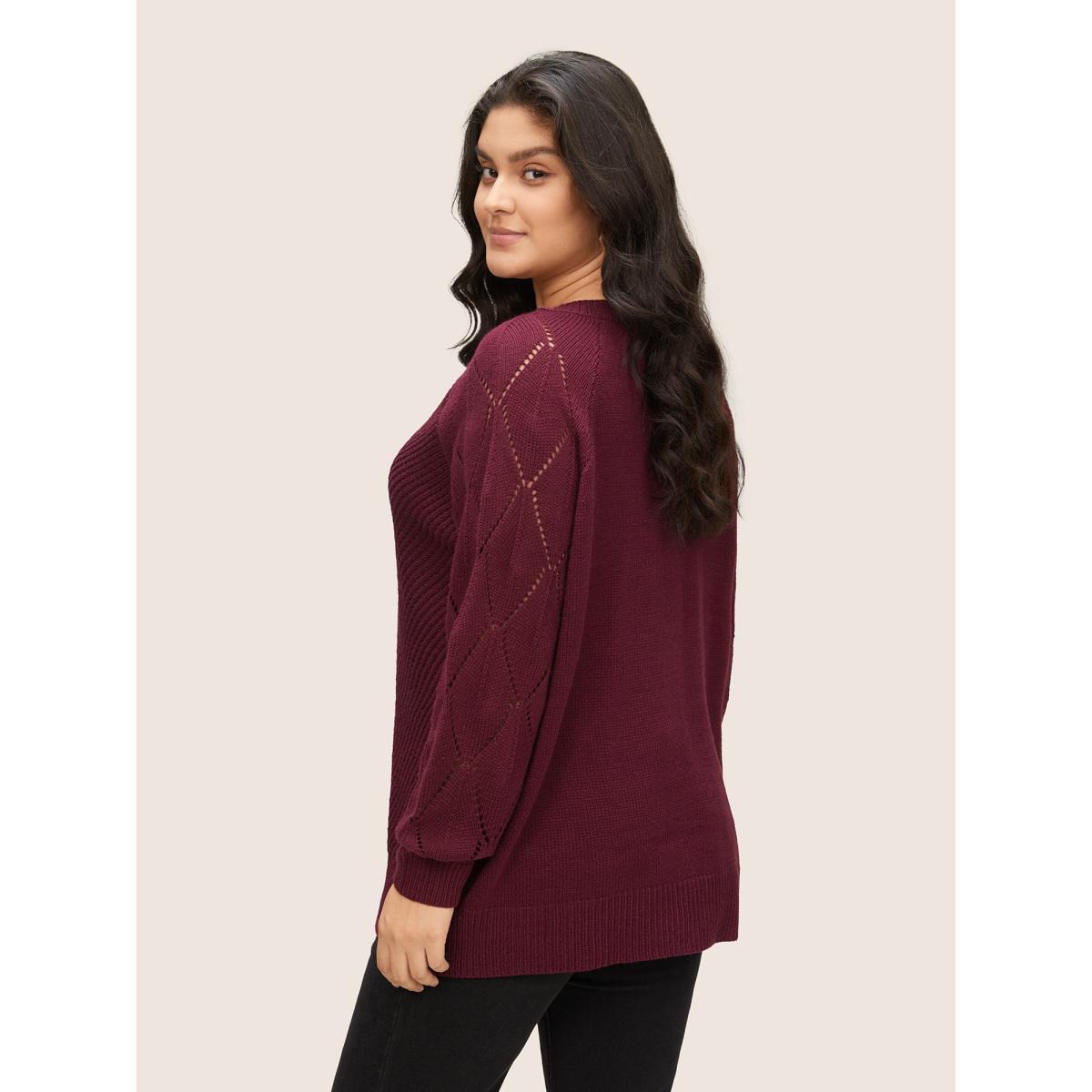 Plus Size Solid Hollow Out Raglan Sleeve Pullover Burgundy Women Casual Loose Long Sleeve V-neck Dailywear Pullovers BloomChic 12/L Product Image