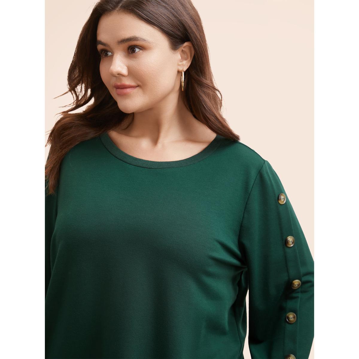 Plus Size Crew Neck Patchwork Button Detail Sweatshirt Women DarkGreen Casual Patchwork Round Neck Everyday Sweatshirts BloomChic 22-24/3X Product Image
