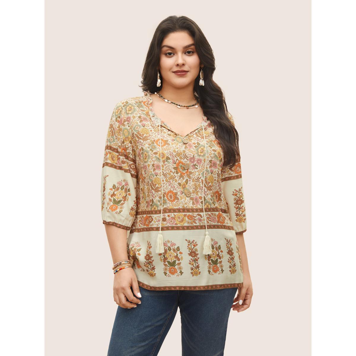 Plus Size Apricot Rayon Boho Print Button Detail Tie Neck Blouse Women Resort Elbow-length sleeve Notched collar Vacation Blouses BloomChic 30/6X Product Image