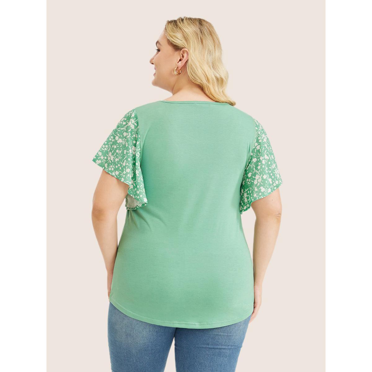 Plus Size Ditsy Floral Ruffle Sleeve Round Neck T-Shirt Mint Women Elegant Ditsy Floral Everyday T-shirts BloomChic 18-20/2X Product Image