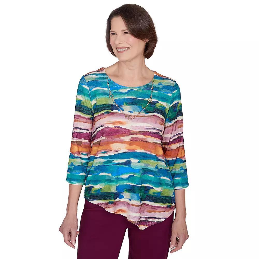 Petite Alfred Dunner Watercolor Biadere Top With Necklace, Women's, Size: Medium Petite, Multi Blue Product Image