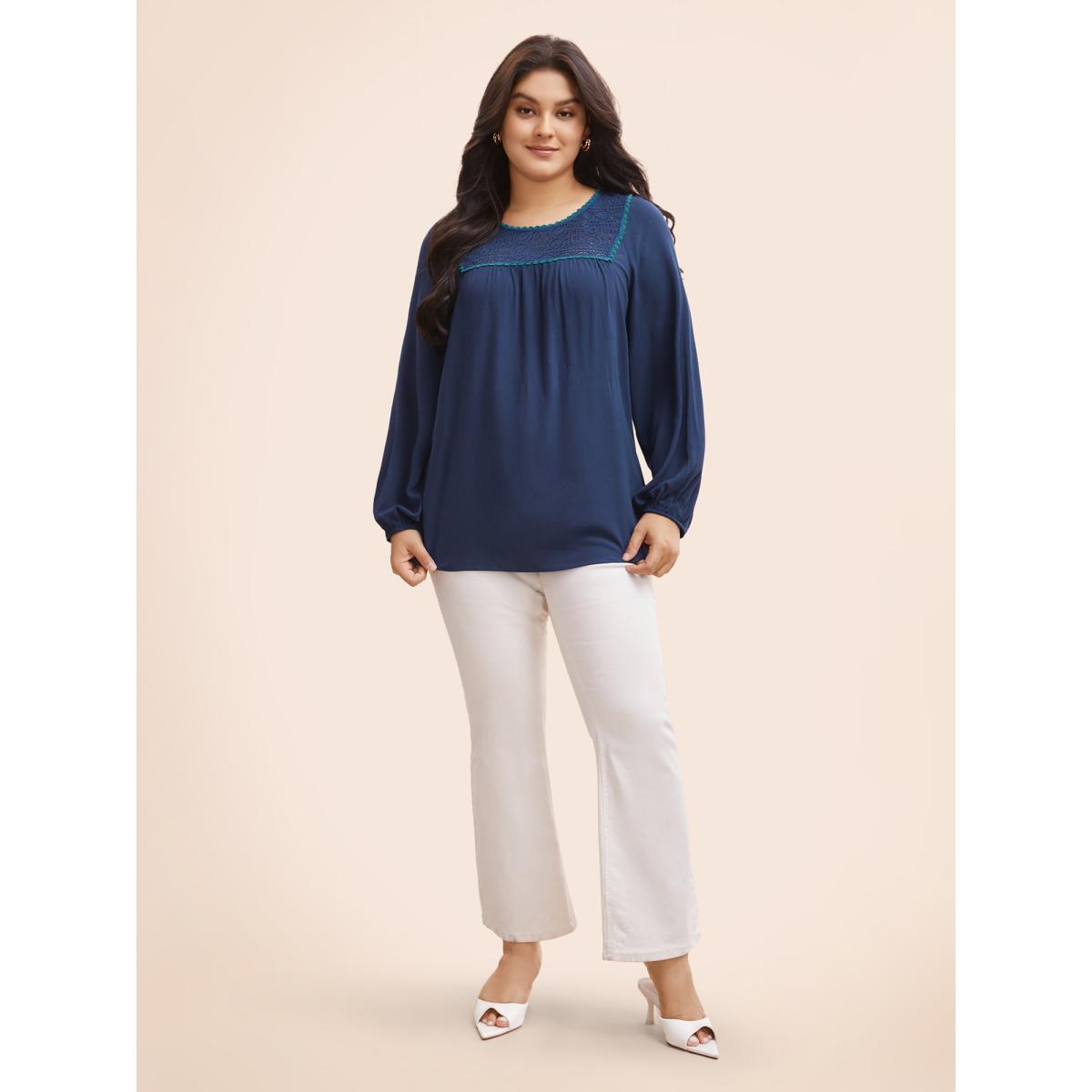 Plus Size Indigo Texture Woven Ribbon Gathered Blouse Women Elegant Long Sleeve Round Neck Everyday Blouses BloomChic 30/6X Product Image