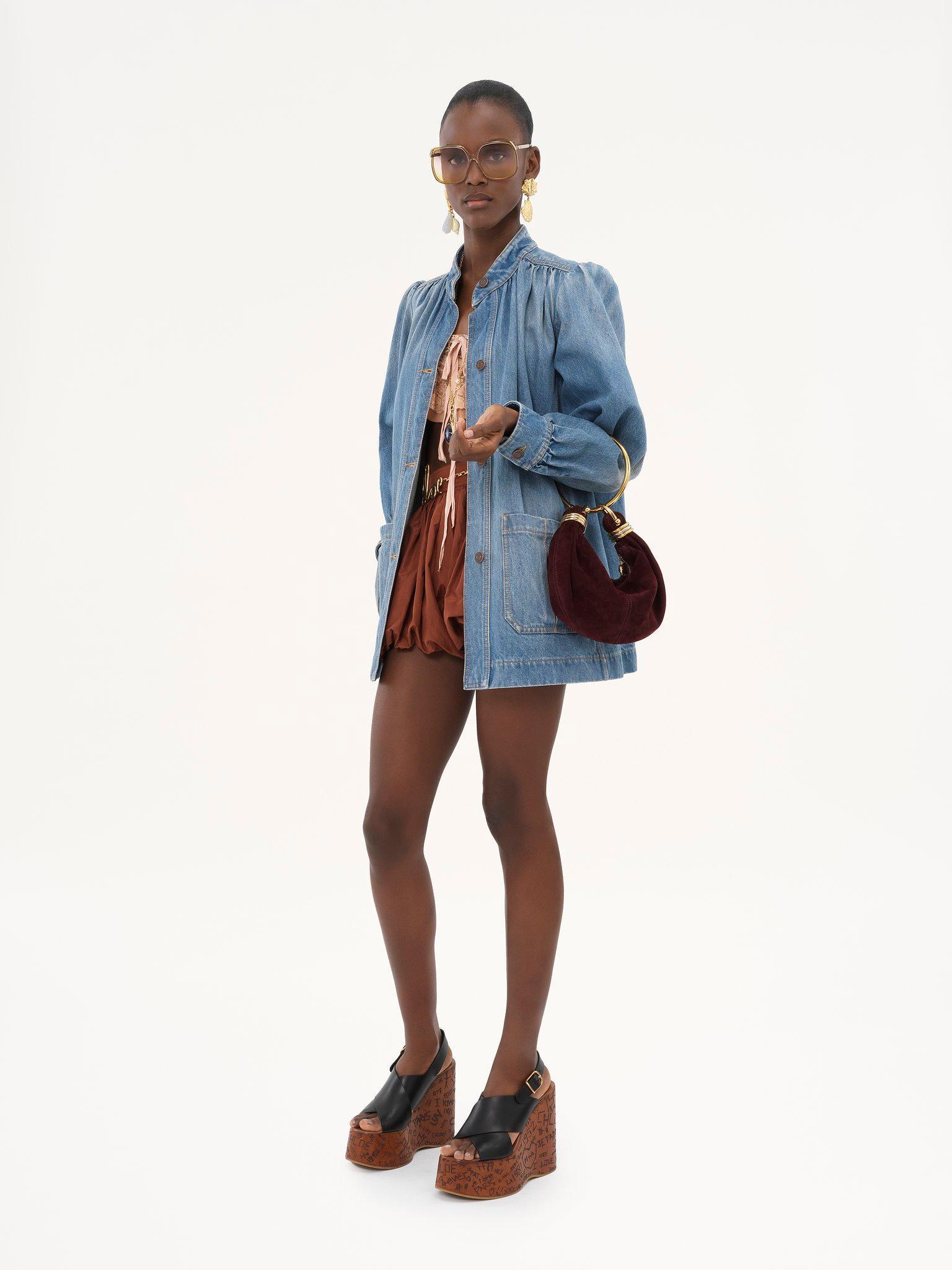 High-neck gathered jacket in denim Product Image