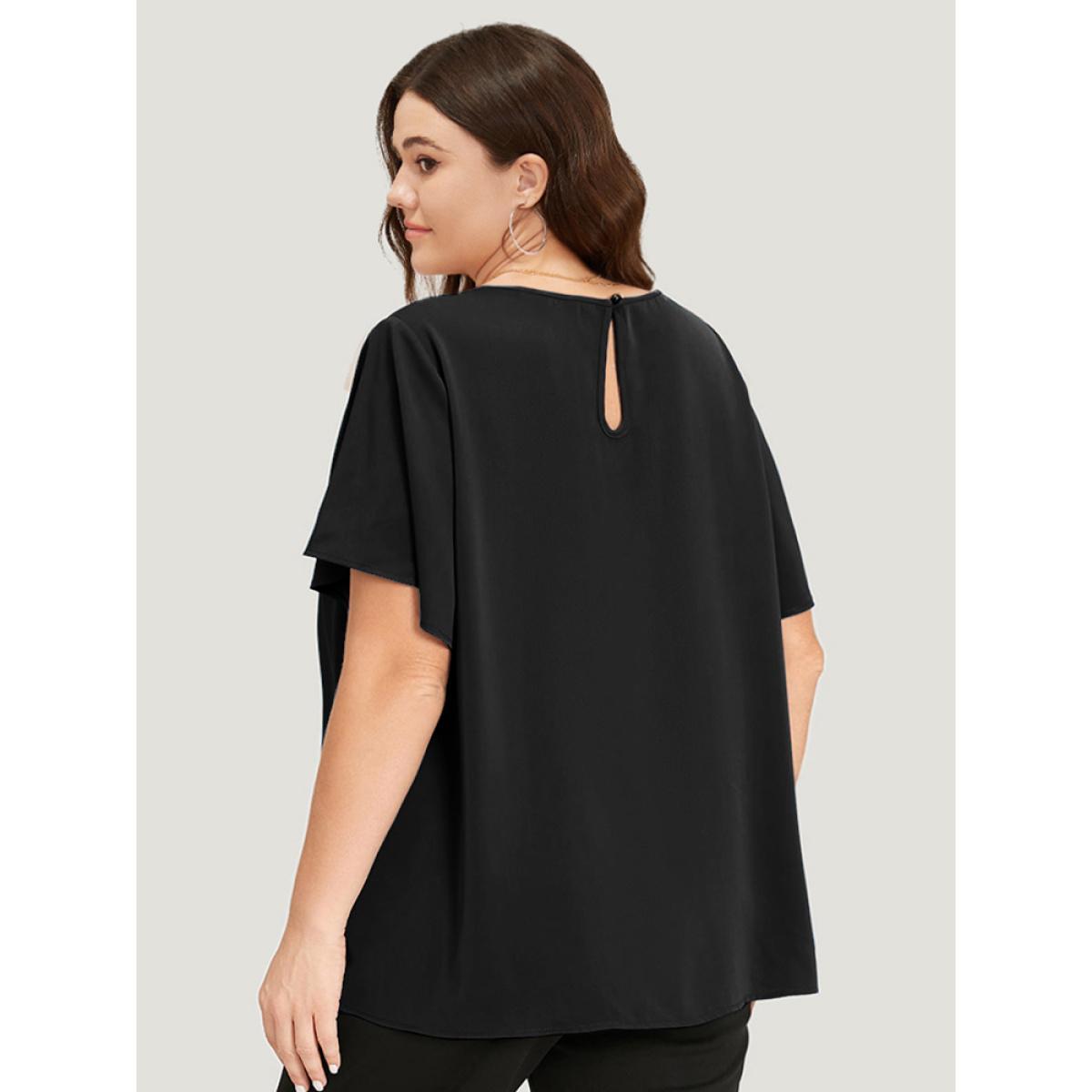 Plus Size Black Plain Cut Out Flutter Sleeve Pleated Blouse Women Office Short sleeve V-neck Work Blouses BloomChic 18-20/2X Product Image