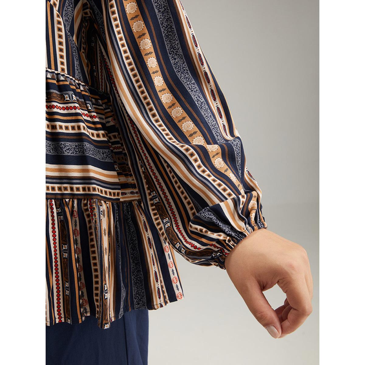 Plus Size Indigo Bandana Stried Crew Neck Gathered Blouse Women Vacation Long Sleeve Round Neck Dailywear Blouses BloomChic 26/4X Product Image