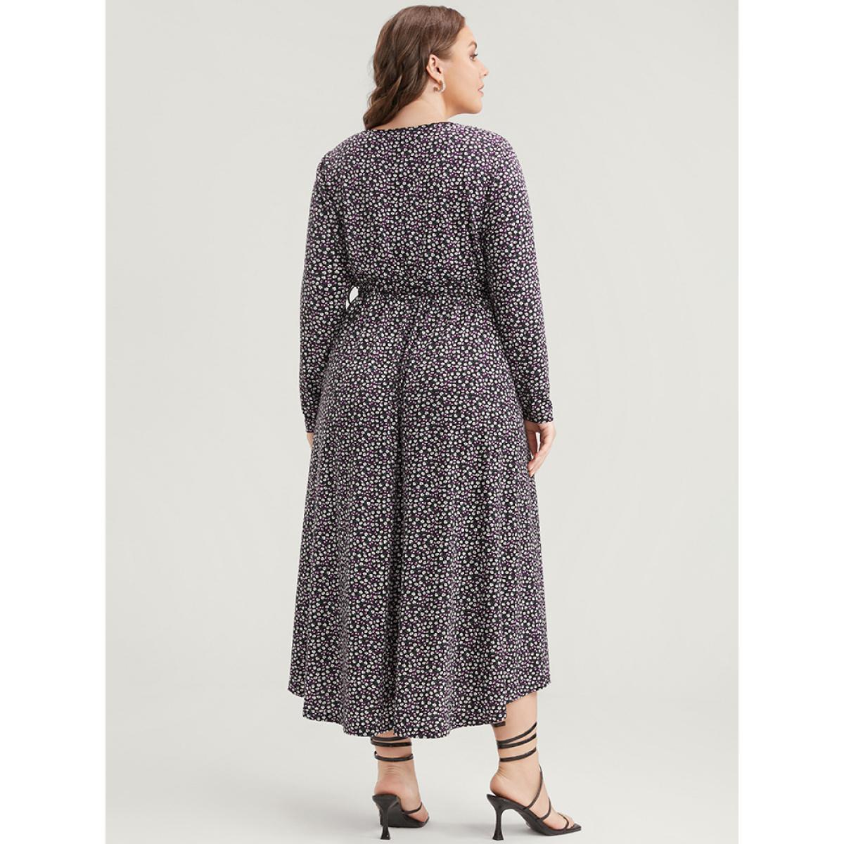 Plus Size Ditsy Floral Pocket Pocket Belted Asymmetrical Hem Dress Midnight Women Elegant V-neck Long Sleeve Curvy Midi Dress BloomChic 30/6X Product Image