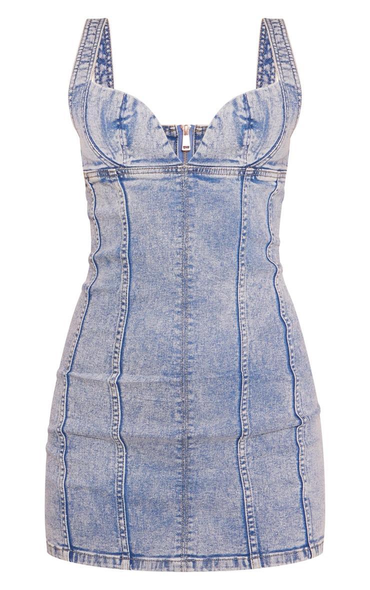Mid Blue Wash Cupped Seam Detail Denim Mini Dress Product Image