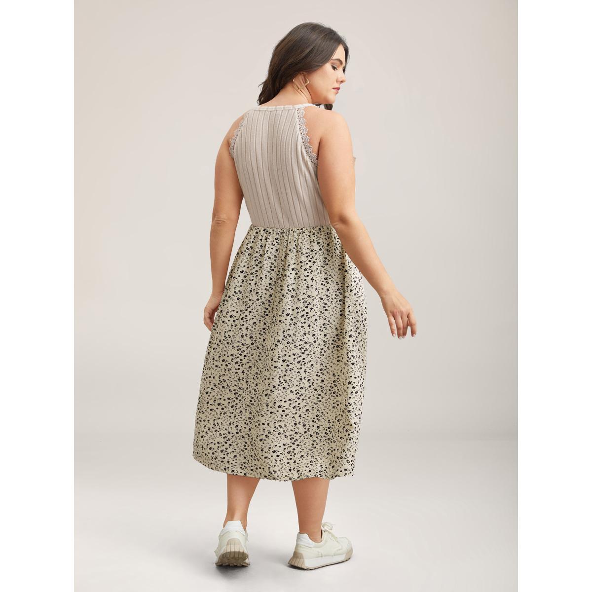 Plus Size Ditsy Floral Print Ribbed Midi Dress Beige Women Casual Woven ribbon&lace trim Knit Dresses Bloomchic 28/5X Product Image
