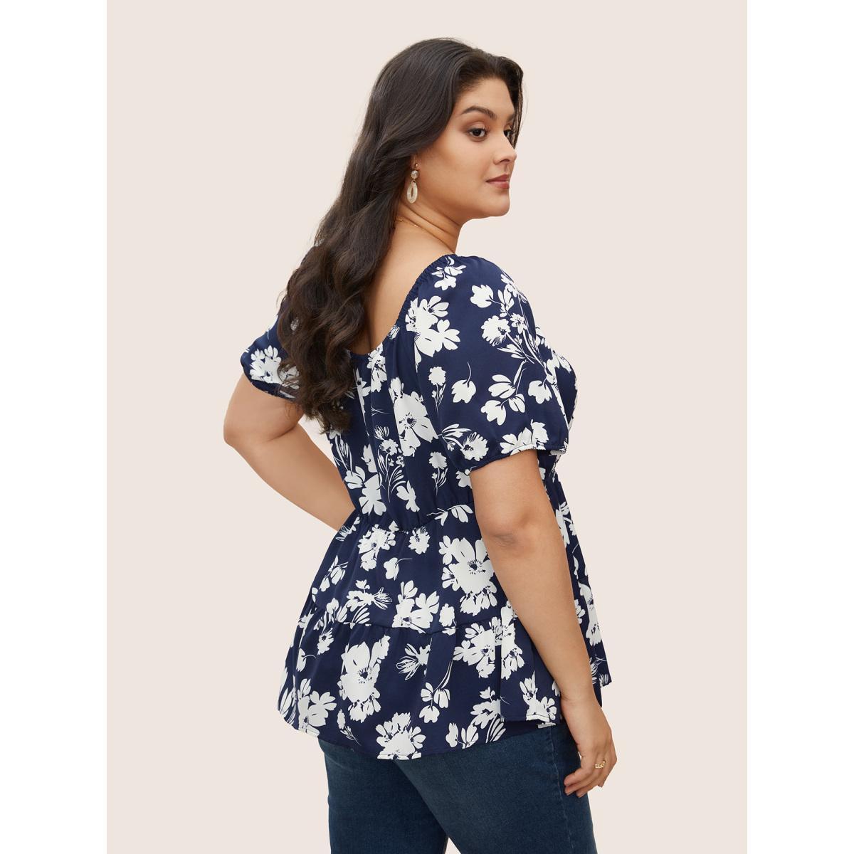 Plus Size Indigo Silhouette Floral Print Surplice Neck Blouse Women Elegant Short sleeve Heart neckline Everyday Blouses BloomChic 12/L Product Image
